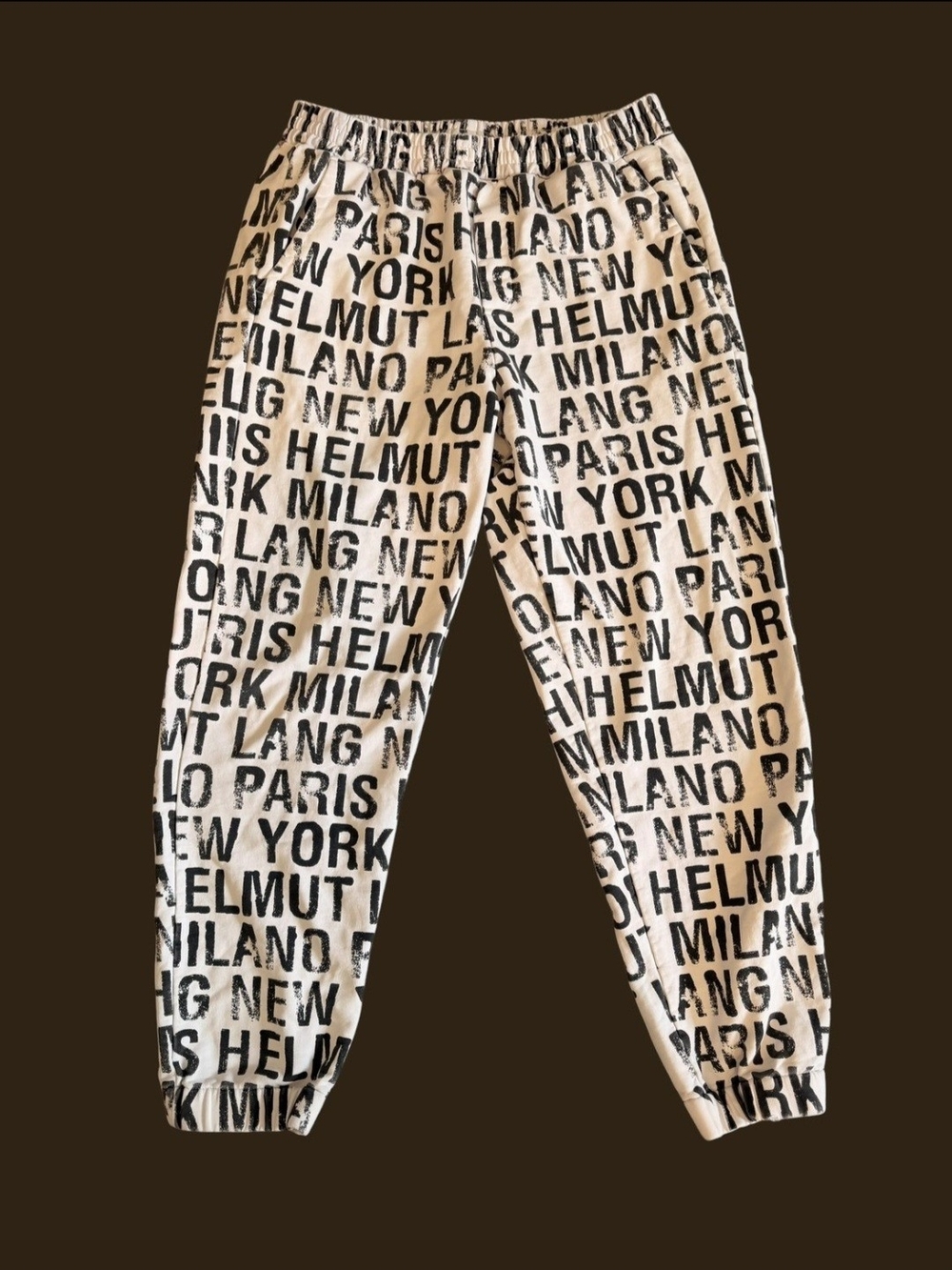 Helmut Lang Black Logo Print on Beige Jogger Pants